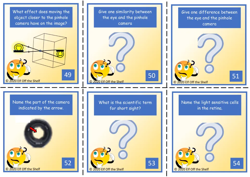 Cards 49-54: pinhole camera images, eye vs pinhole camera, a camera part, short sight and retina cells