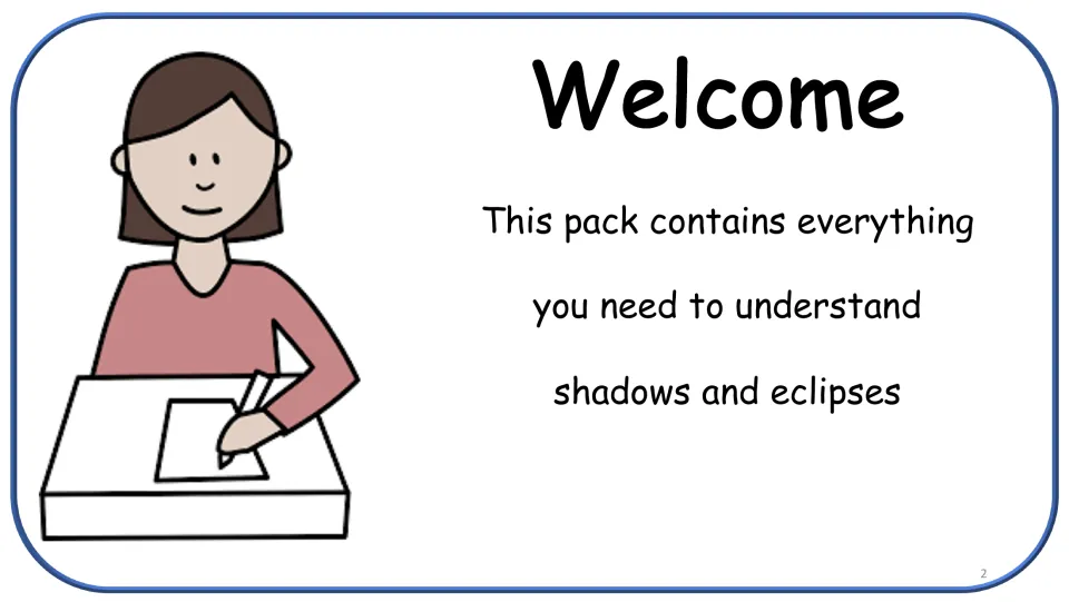 Welcome slide: a cartoon student writing at a desk beside text saying the pack covers understanding shadows and eclipses