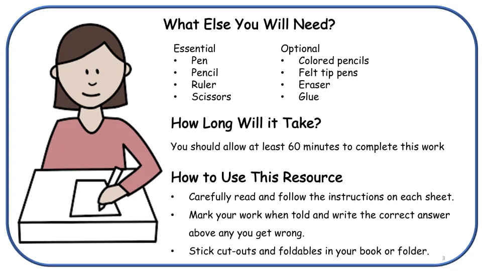 Lesson setup: materials list from ruler to glue, a 60-minute time guide and steps for marking and gluing in cut-outs