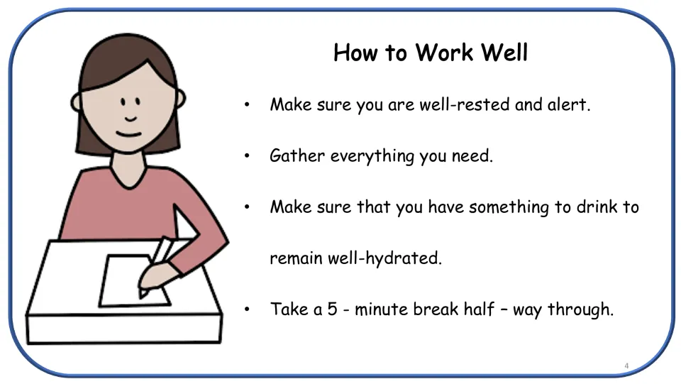 How to Work Well tips for independent study: be well-rested, gather materials, stay hydrated and take a 5-minute break