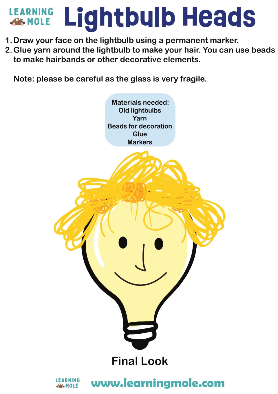 Lightbulb craft: students draw a face on an old lightbulb with marker and glue on yarn hair, with a materials list