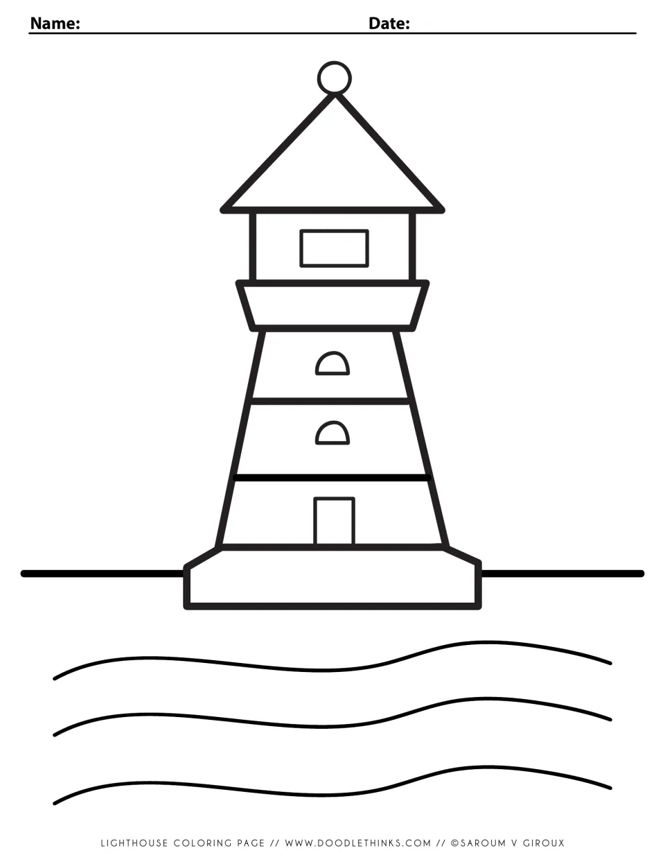 Lighthouse coloring page: students color a striped lighthouse with arched windows, a door and a lantern room above waves