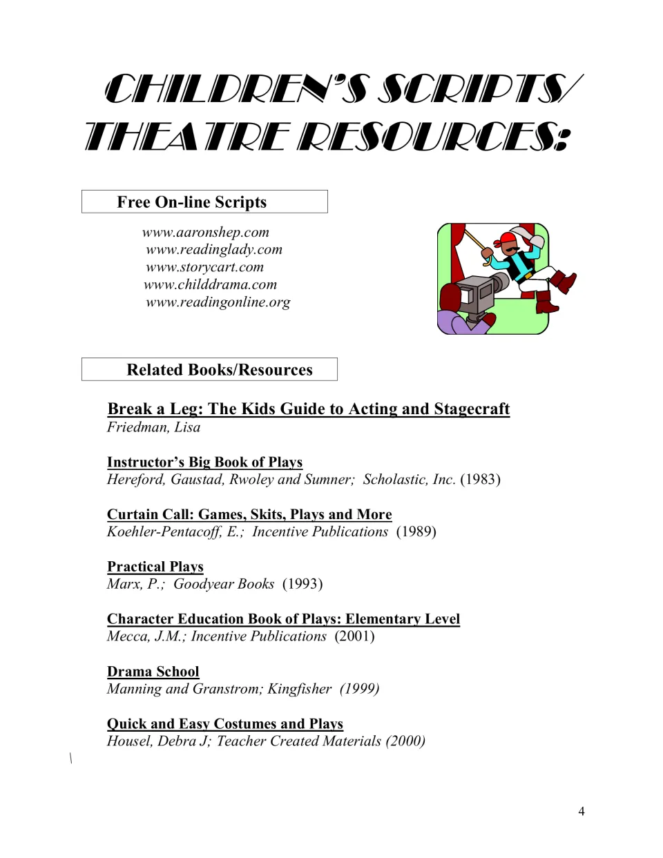 Children's scripts and theatre resources: five free online script websites and a list of related acting and play books