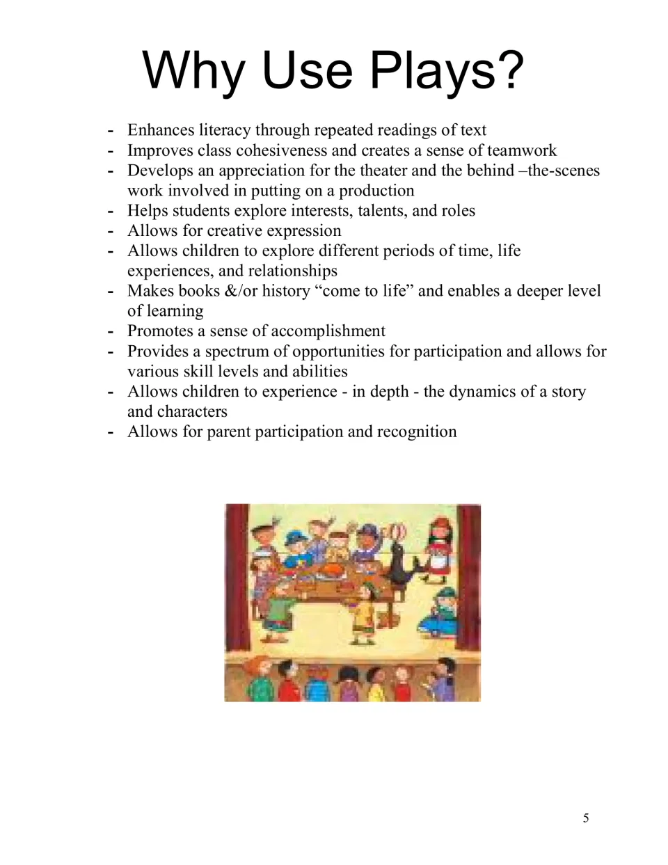 Why use plays: a list of reasons, from literacy through repeated reading to teamwork, expression and parent involvement