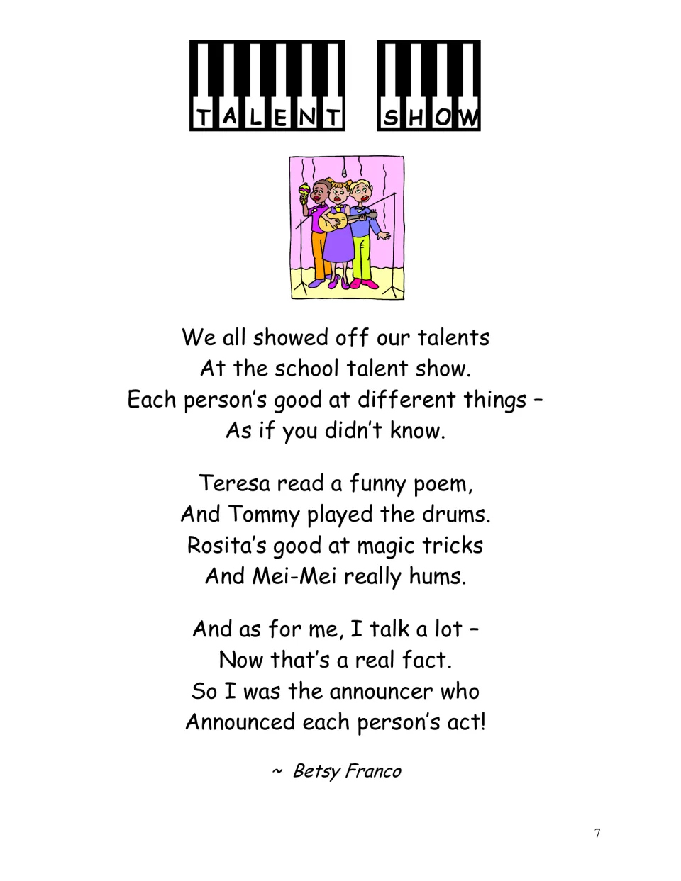 Talent Show poem by Betsy Franco about classmates sharing talents, from drums and magic tricks to announcing each act