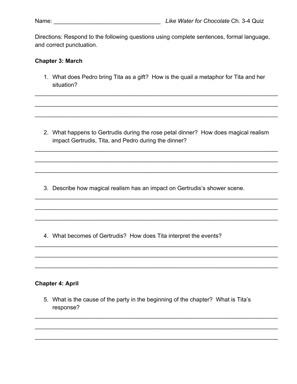 Like Water for Chocolate Ch. 3-4 quiz: students answer 5 questions on the quail gift, rose petal dinner and Gertrudis