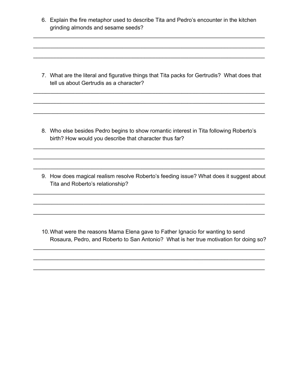Chapter 4 short answers: students explain the fire metaphor, Roberto's feeding and Mama Elena's motives in questions 6-10