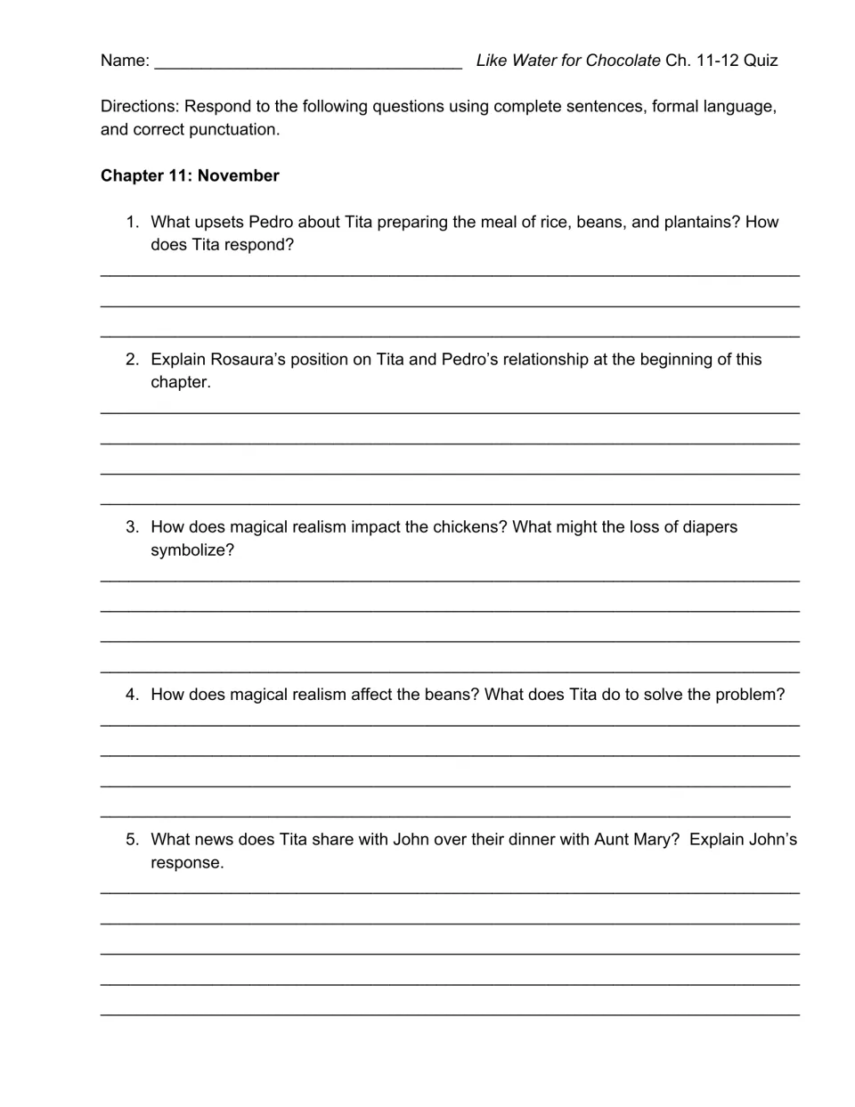Chapter 11 quiz: students answer 5 short-answer questions on Tita, Pedro, Rosaura, John and magical realism