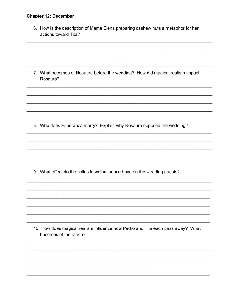 Chapter 12 questions 6-10: students explain the cashew nut metaphor, the wedding, chiles in walnut sauce and the ending