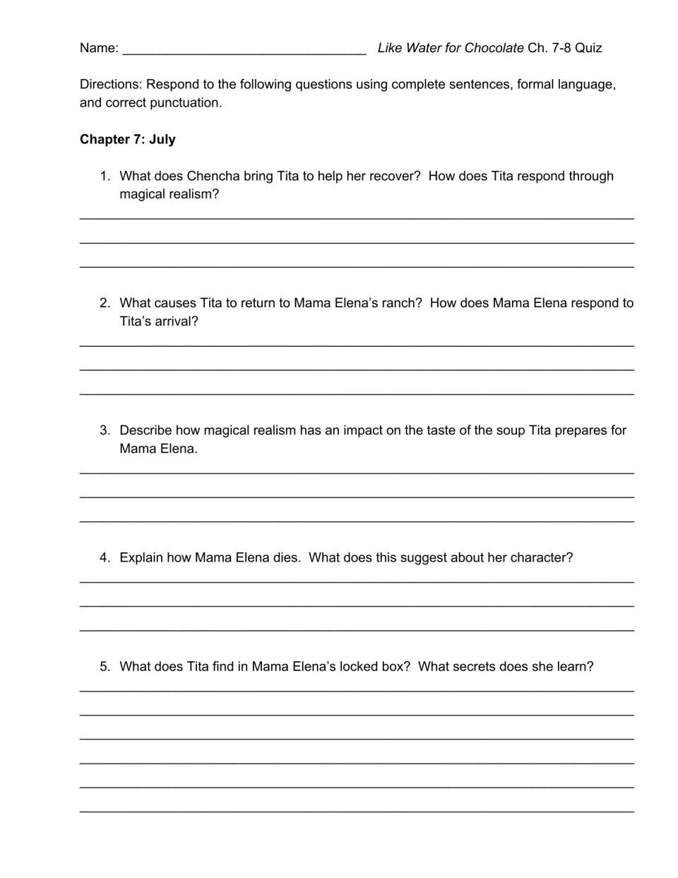 Chapter 7 quiz: students write short answers on Tita's recovery, Mama Elena's death, her locked box and magical realism