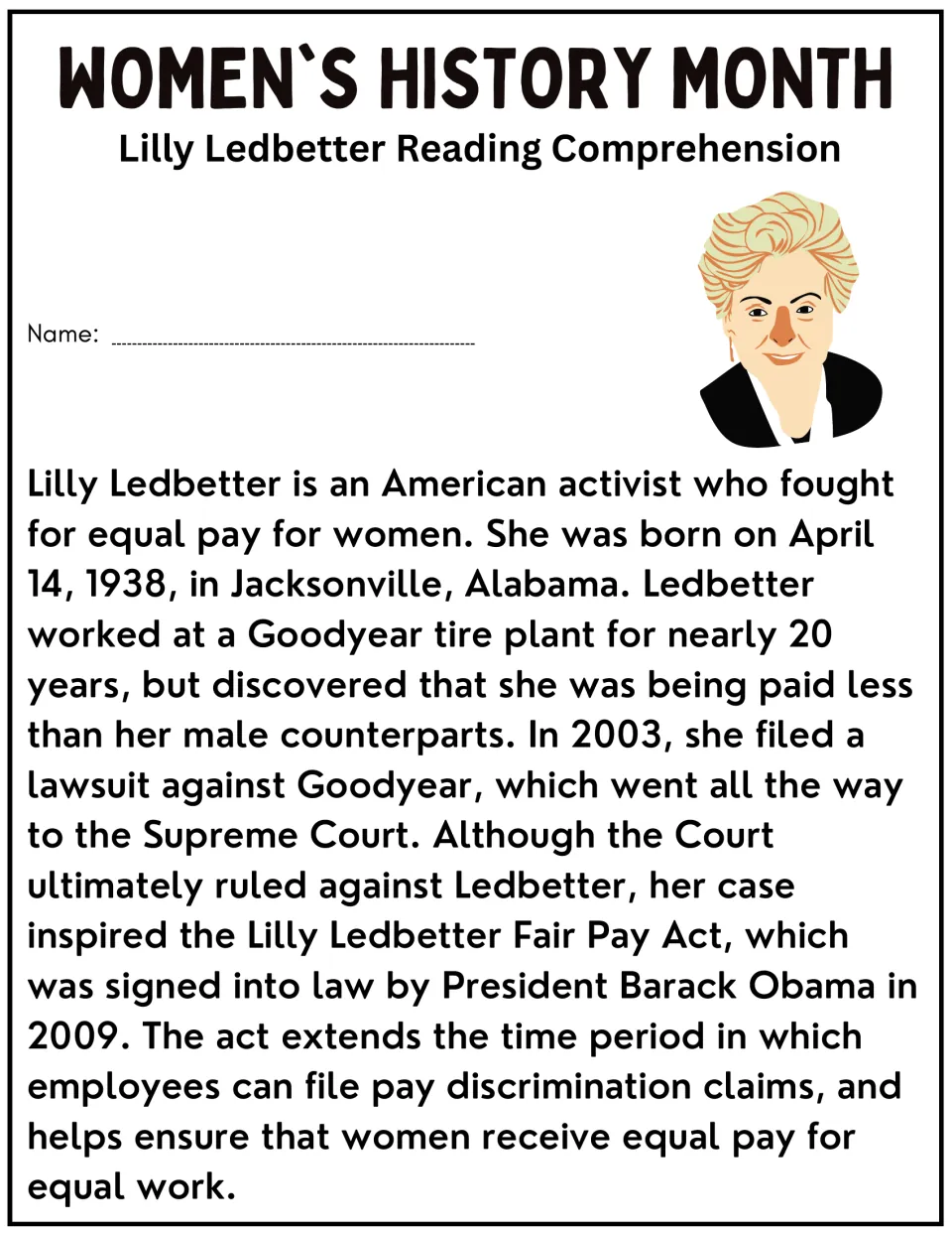 Lilly Ledbetter biography: students read about her equal pay fight, Goodyear lawsuit and the 2009 Fair Pay Act