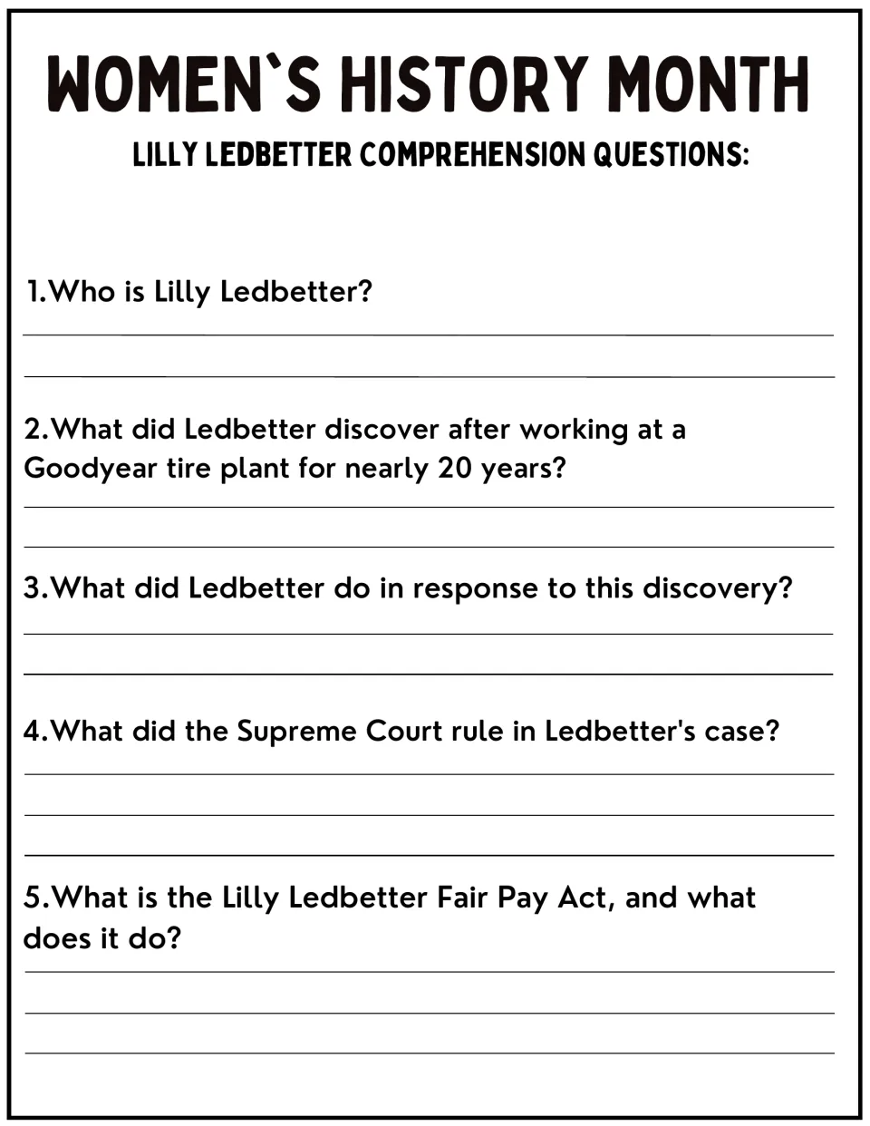 Ledbetter comprehension questions: students answer five items on her pay discovery, lawsuit and Supreme Court ruling