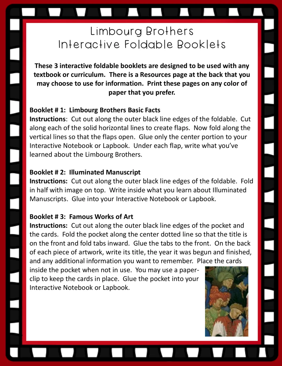Assembly directions for three booklets: basic facts flaps, an illuminated manuscript, and an artwork pocket