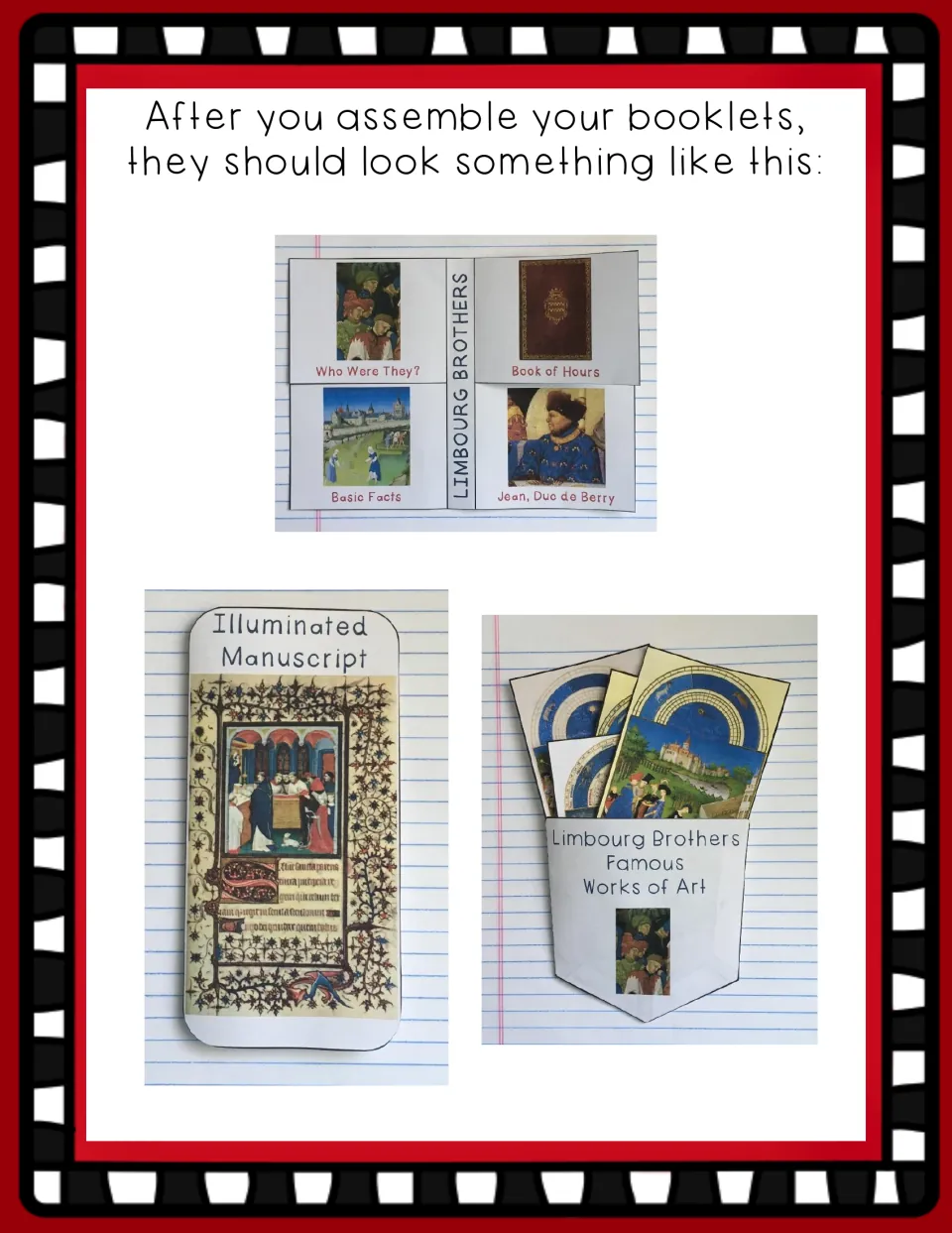 Completed booklet examples show the basic facts flaps, illuminated manuscript cover, and pocket holding art cards