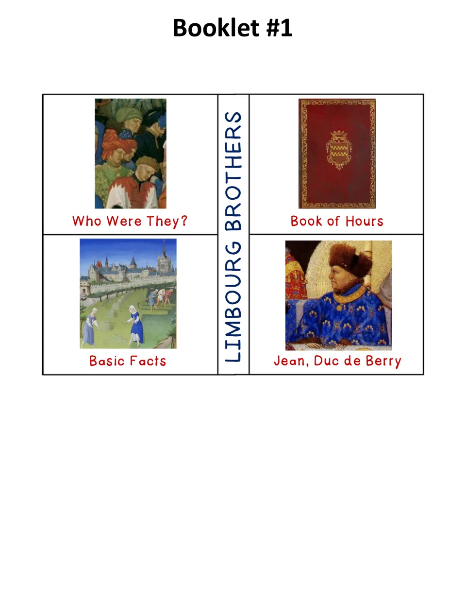 Booklet 1 flaps labeled Who Were They?, Basic Facts, Book of Hours, and Jean, Duc de Berry, with pictures