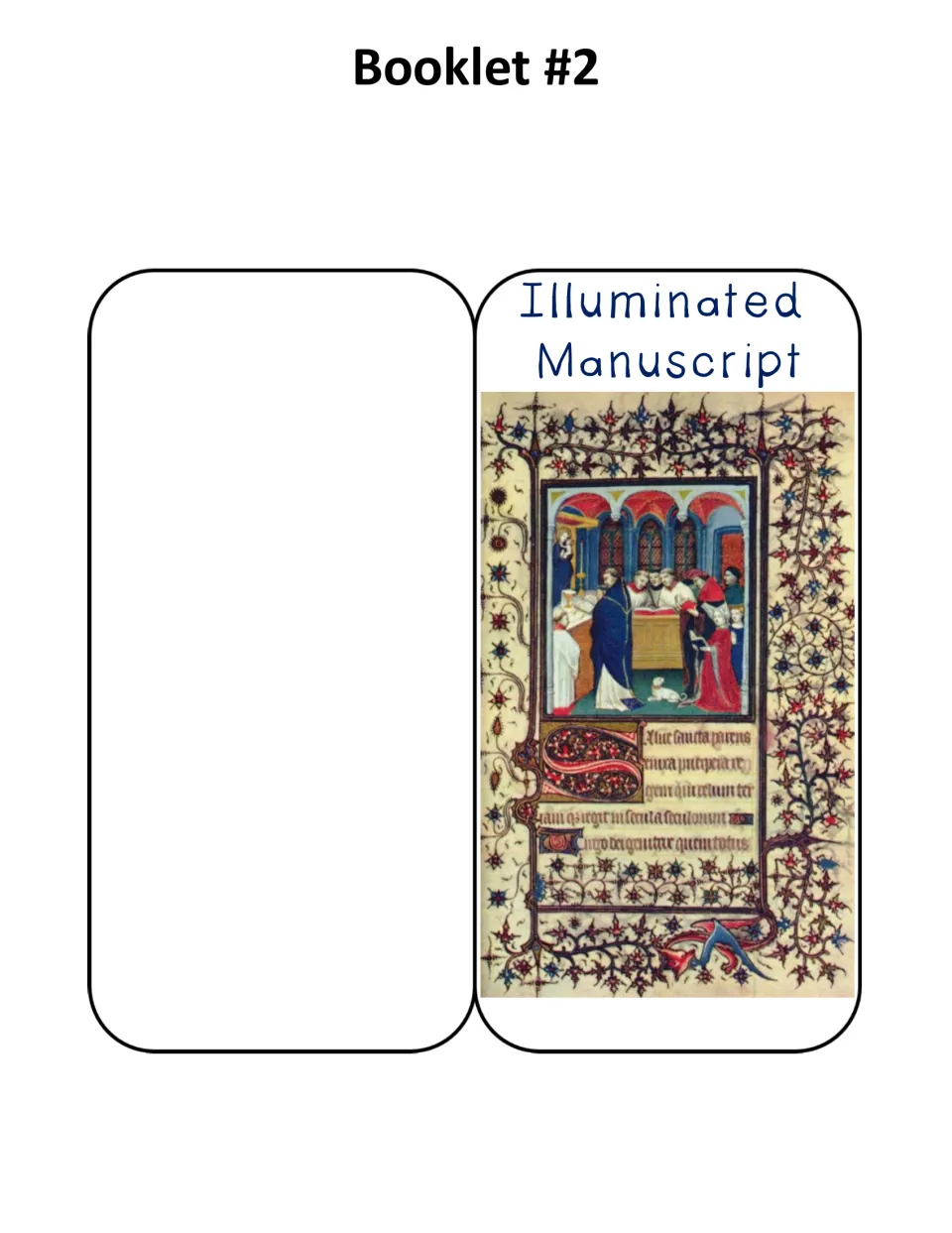 Booklet 2 folding template titled Illuminated Manuscript, featuring a decorated manuscript page with text