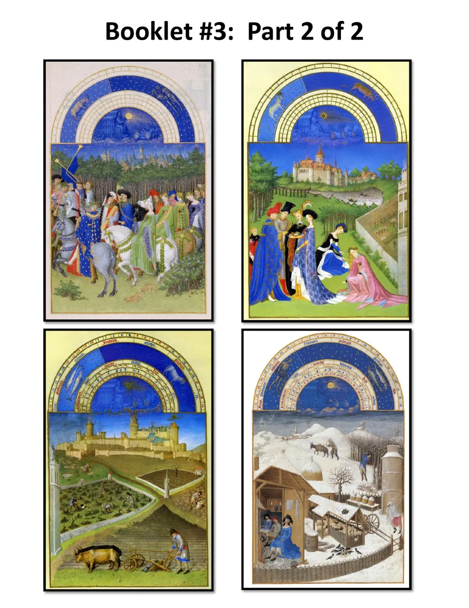Booklet 3 art cards show horseback riders, a courtly gathering, plowing near a castle, and a snowy farm