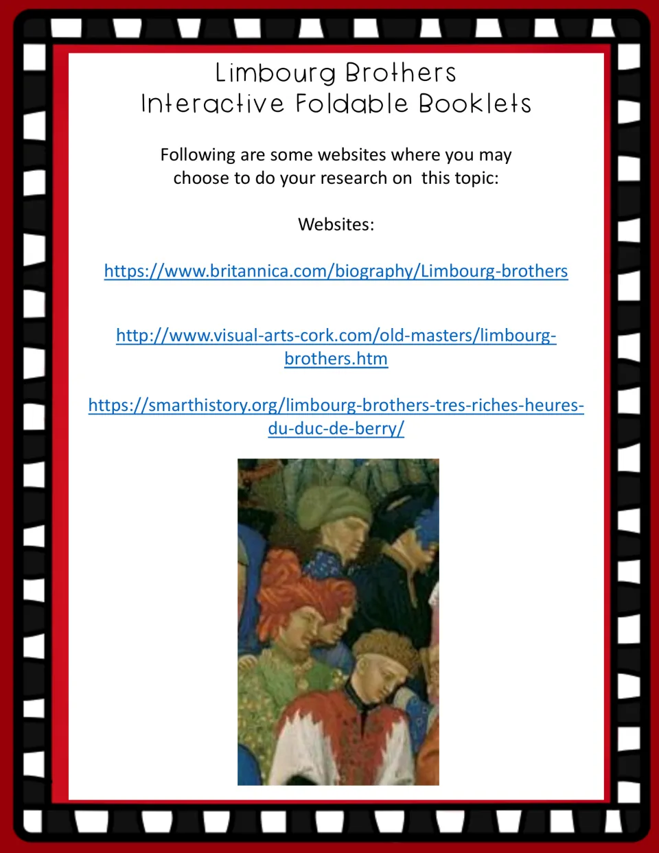 Research resources for the booklets list websites from Britannica, Visual Arts Cork, and Smarthistory