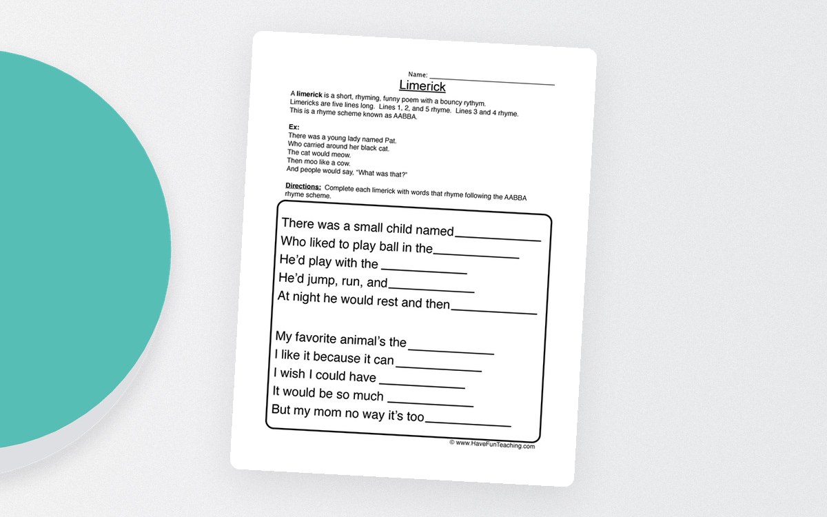 Limerick worksheet with a definition, AABBA explanation, complete model, and two five-line poems with blanks.