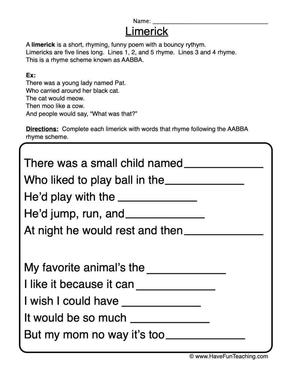 Limericks and AABBA rhyme scheme: students fill in rhyming end words to complete two five-line limericks after an example
