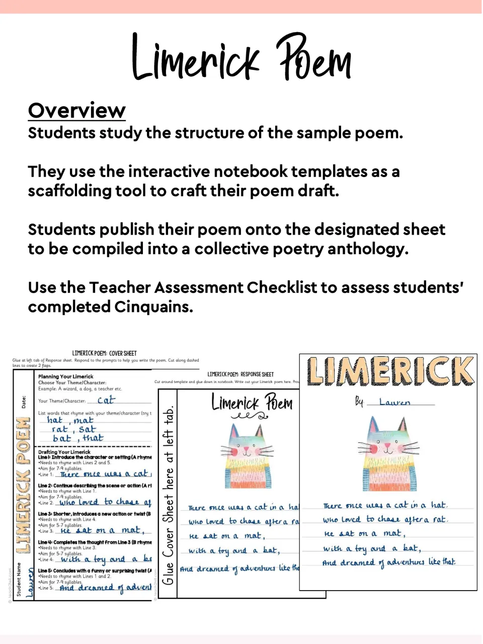 Limerick Poem overview: study a sample poem, draft in notebook templates, publish to a class anthology, use a checklist