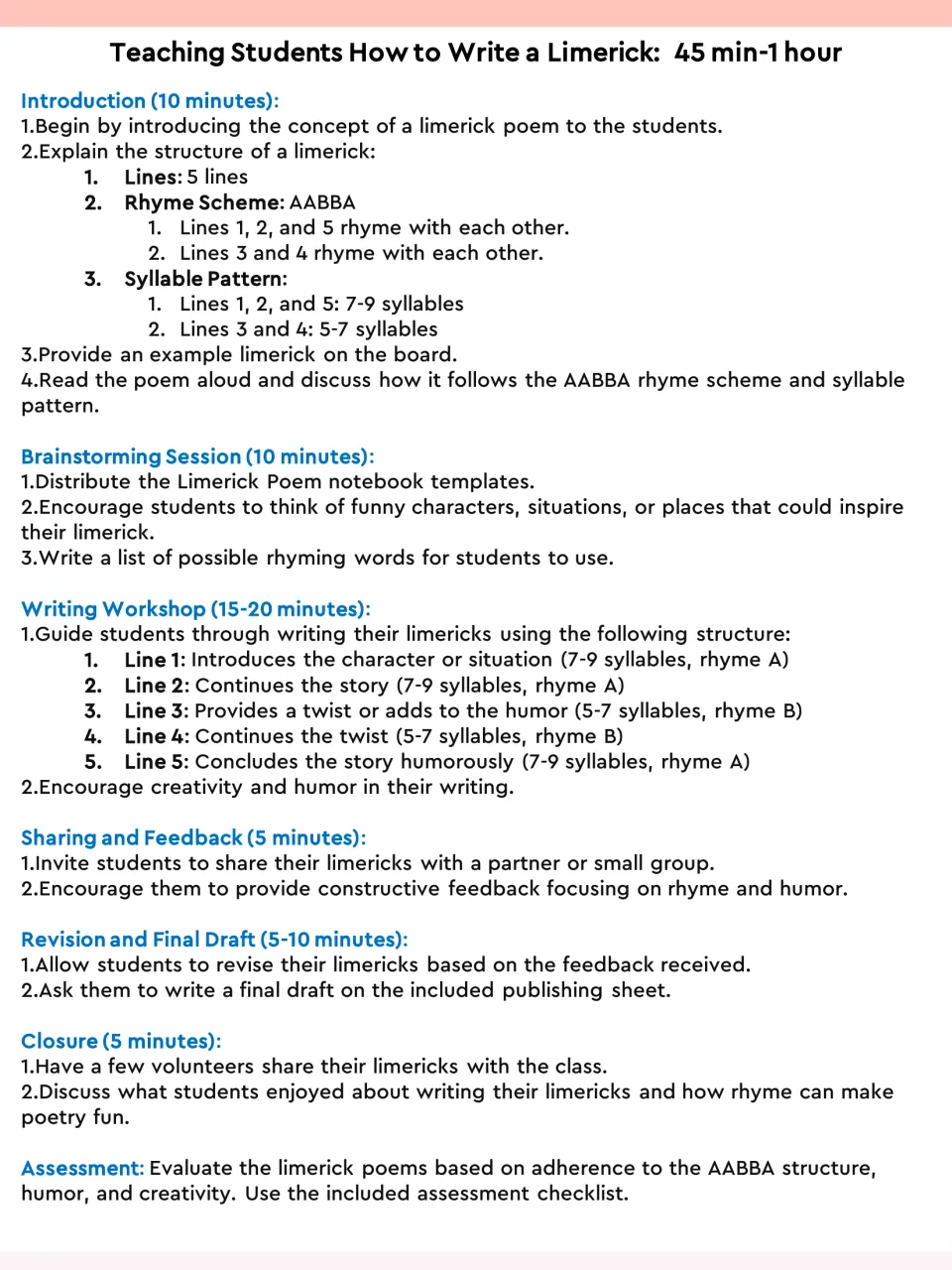 Limerick lesson plan: timed steps from introduction and brainstorming to workshop, feedback, revision and closure