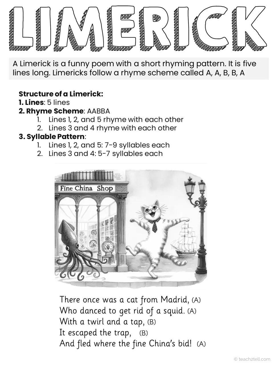 Limerick structure in black and white: AABBA rhyme scheme, syllable counts and a sample cat and squid poem