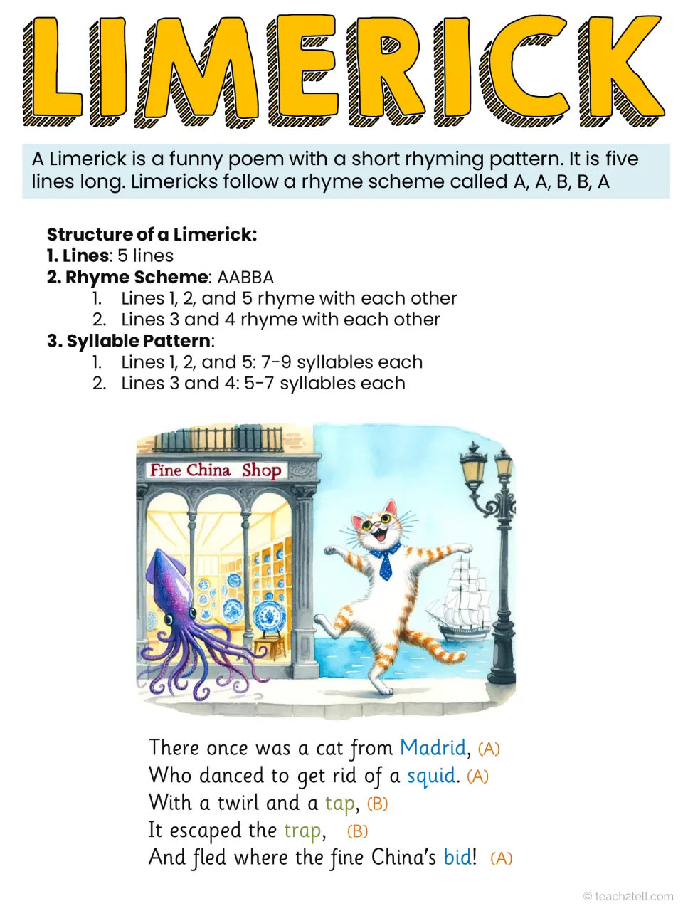 Color limerick reference: AABBA rhyme scheme and syllable pattern with the Madrid cat poem, rhyme words colored by A or B