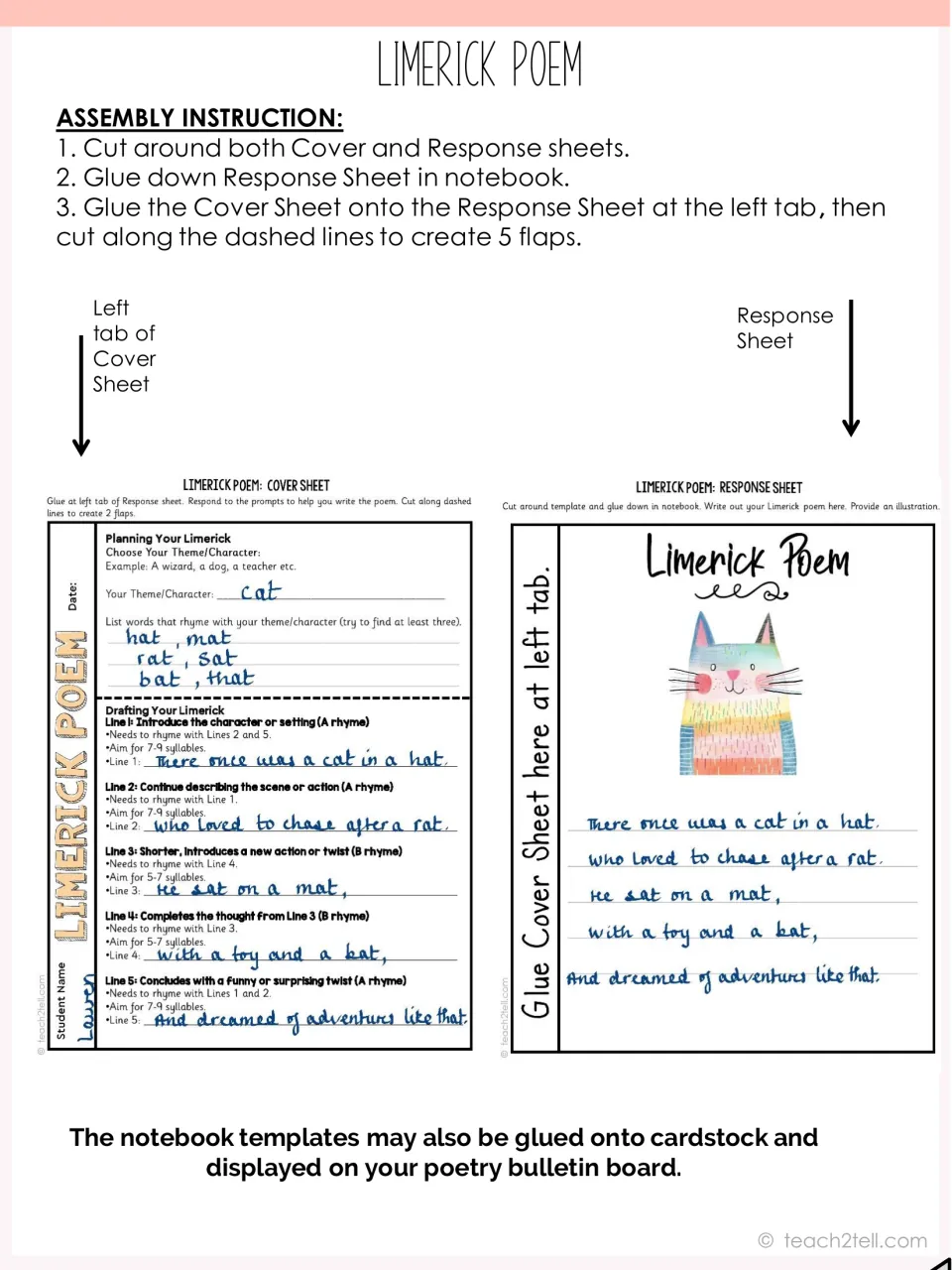 Limerick notebook assembly steps: cut both sheets, glue the response sheet down, attach the cover sheet and cut 5 flaps