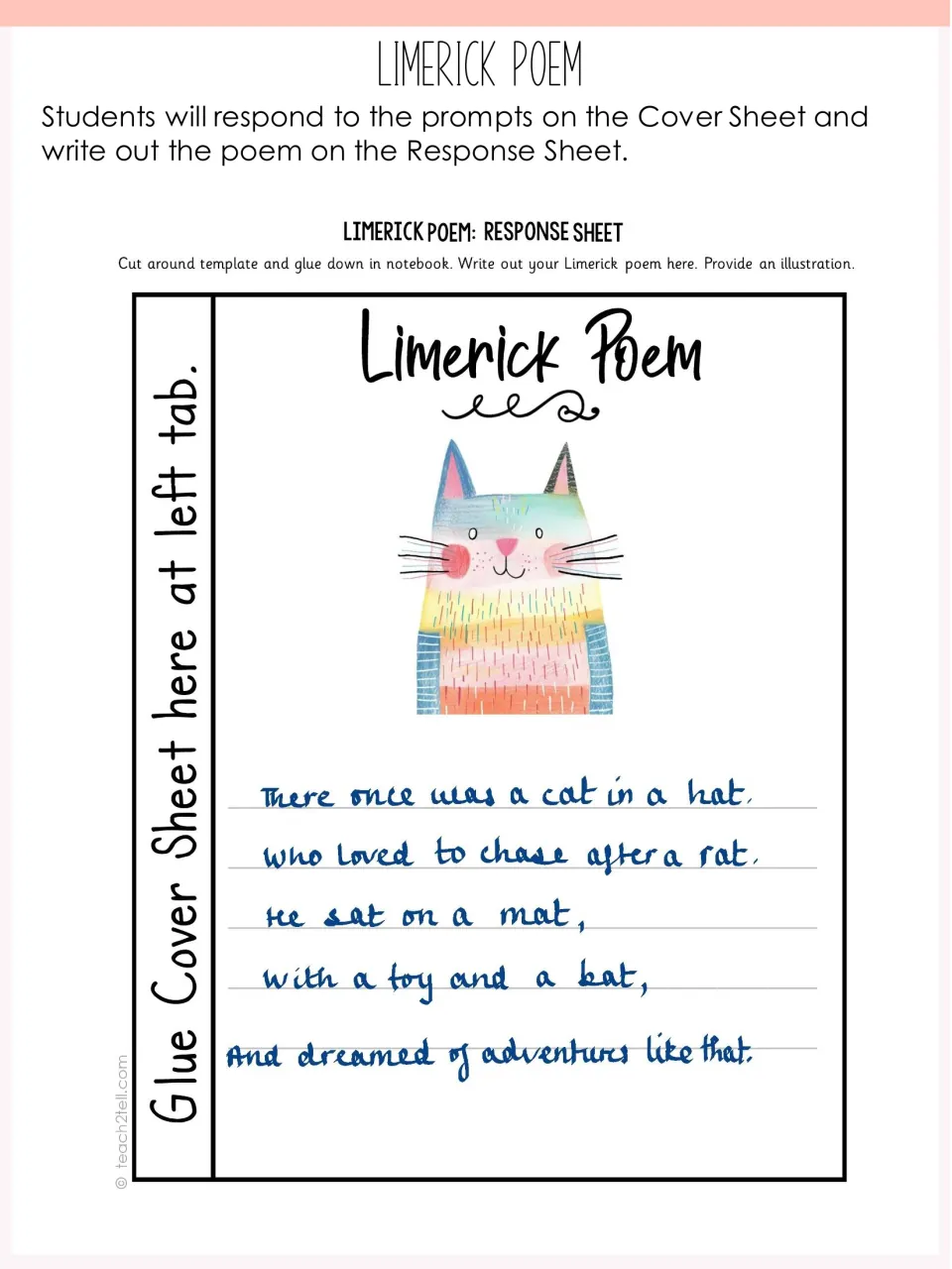 Completed limerick response sheet example: a handwritten cat-in-a-hat poem in five lines under a colorful cat drawing