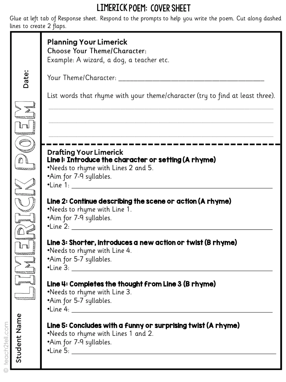 Limerick cover sheet: students choose a character, list rhyming words, draft lines 1 to 5 with rhyme and syllable tips