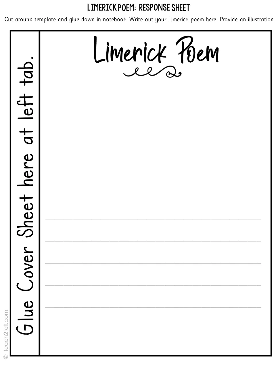 Limerick response sheet: students write their final five-line poem and draw an illustration