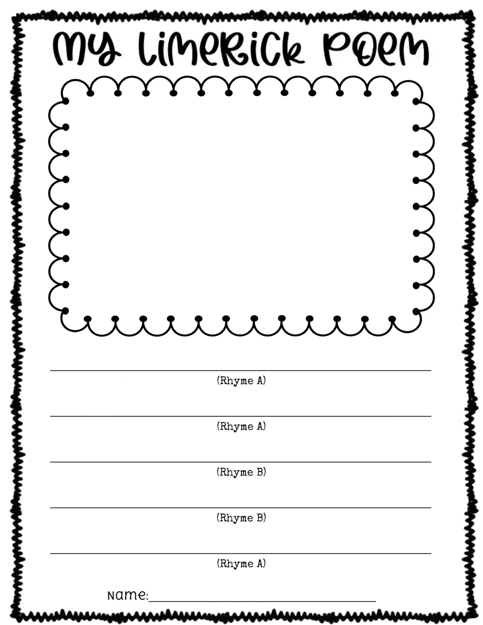 My Limerick Poem page: students draw a picture, then write five lines labeled Rhyme A, A, B, B, A to follow the pattern