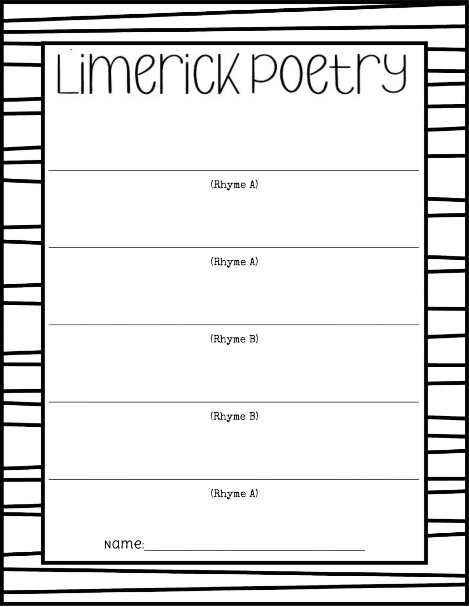 Limerick writing page: students write five lines guided by Rhyme A, A, B, B, A labels to practise the rhyme scheme