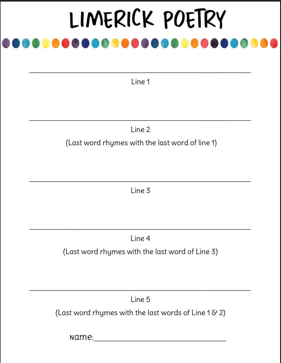 Limerick planning sheet: students write Lines 1 to 5, with reminders of which earlier ending each last word must match