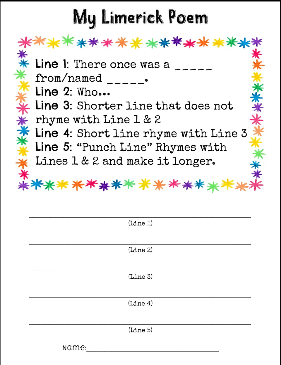 Limerick sentence frame: students begin 'There once was a...', add 'Who...', short Lines 3 and 4 and a punch line