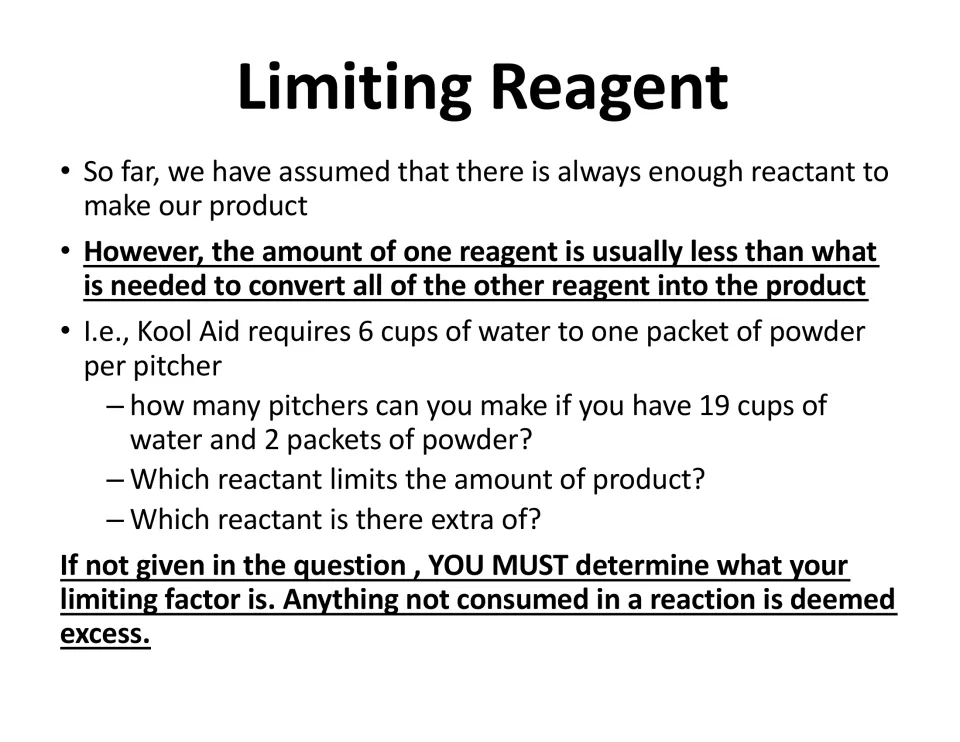 Limiting reagent introduction uses 19 cups of water and 2 powder packets to ask how many pitchers can be made