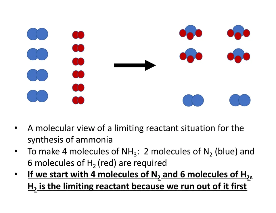 Ammonia synthesis example shows 4 nitrogen and 6 hydrogen molecules forming 4 NH3, with hydrogen limiting