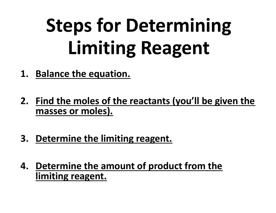 Four-step limiting reagent summary: balance, find reactant moles, identify the limiter, calculate product