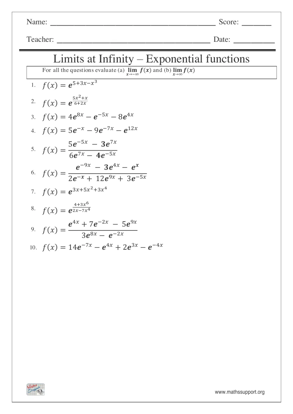 Limits at infinity of exponential functions: students find each limit as x goes to -∞ and to ∞ for 10 functions