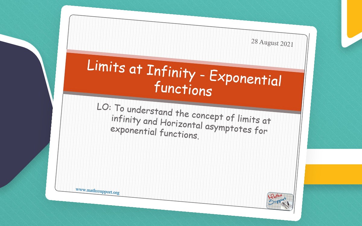 Orange title slide reading Limits at Infinity – Exponential functions with a learning objective about horizontal asymptotes.