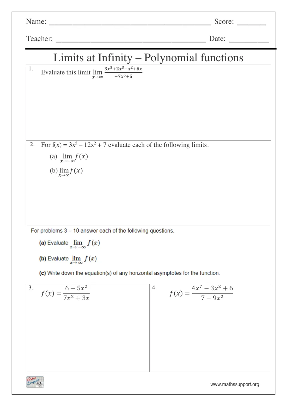 Limits at infinity of polynomials: students evaluate limits as x goes to ±∞ and find horizontal asymptotes, problems 1-4