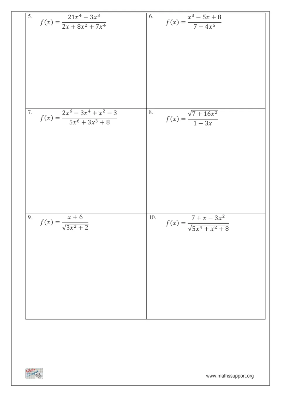 More limits at infinity: students find limits at ±∞ and horizontal asymptotes for rational and square-root functions 5-10