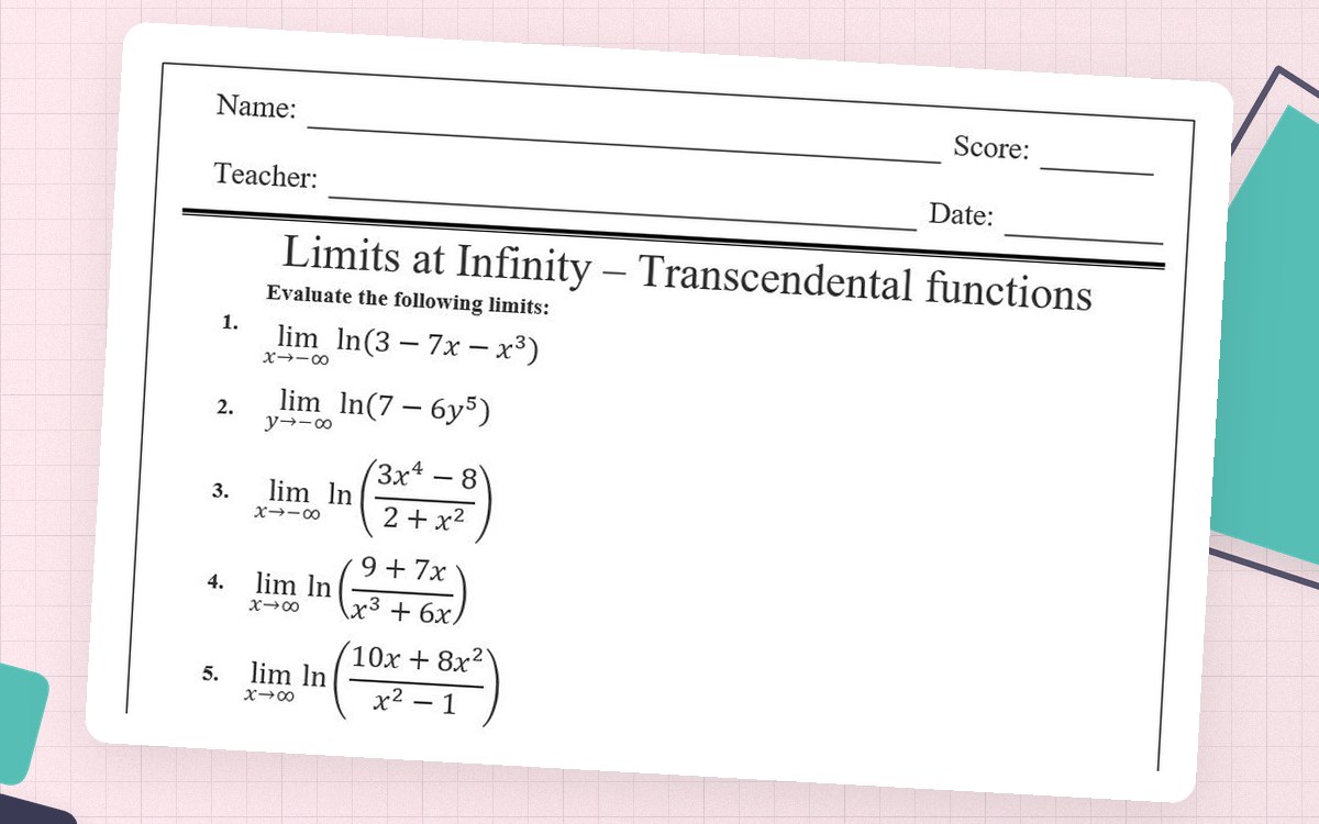 Limits at Infinity worksheet with logarithmic and inverse-tangent expressions.