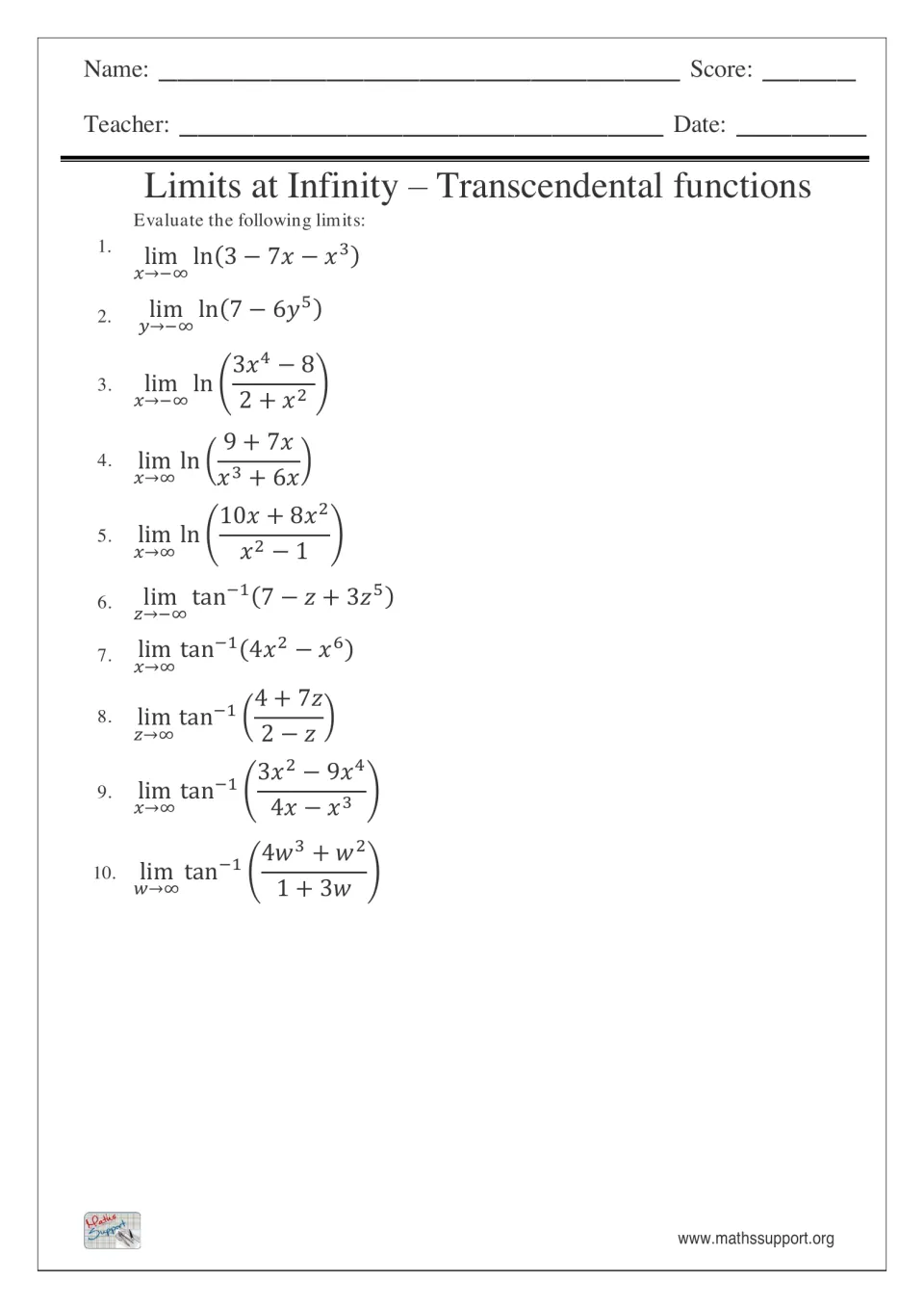 Limits at infinity: students evaluate 10 limits of ln and inverse tangent of polynomial and rational expressions