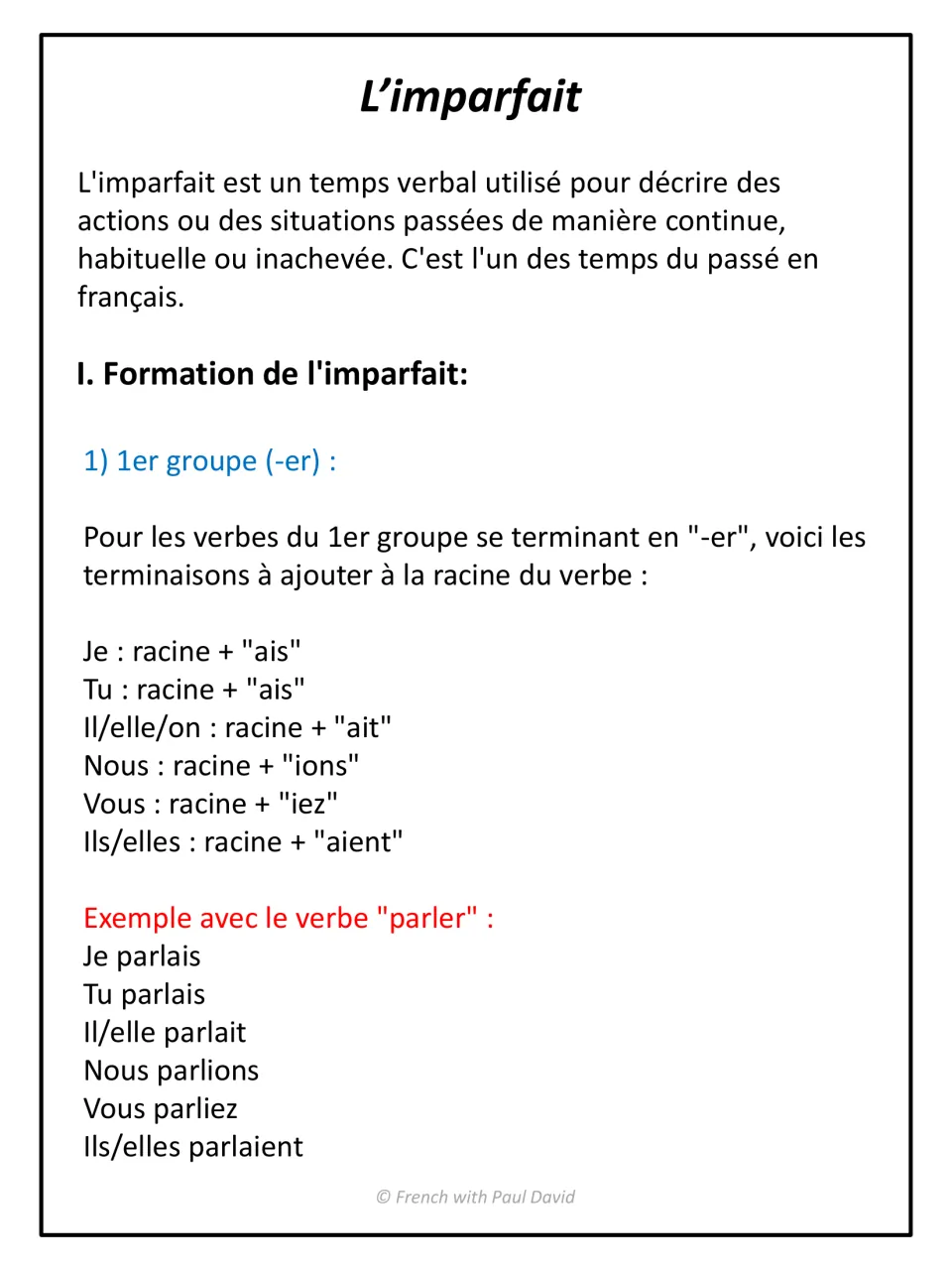 French imparfait formation: definition, then -er verb endings (ais, ait, ions, iez, aient) shown with the verb parler