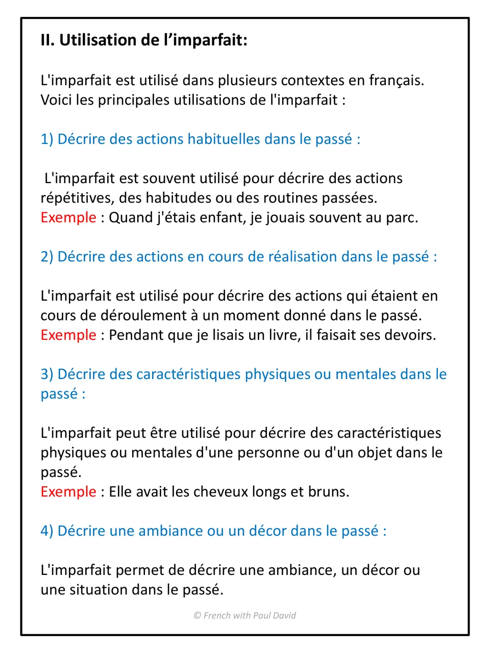 Uses of the imparfait: habitual actions, ongoing past actions, physical or mental traits and setting, each with an example