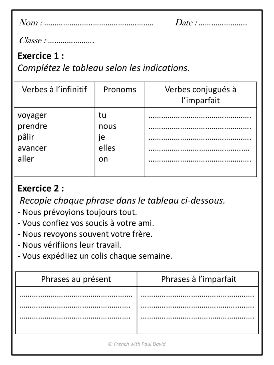 Imparfait practice: students conjugate 5 verbs like voyager and pâlir with given pronouns, then sort sentences by tense