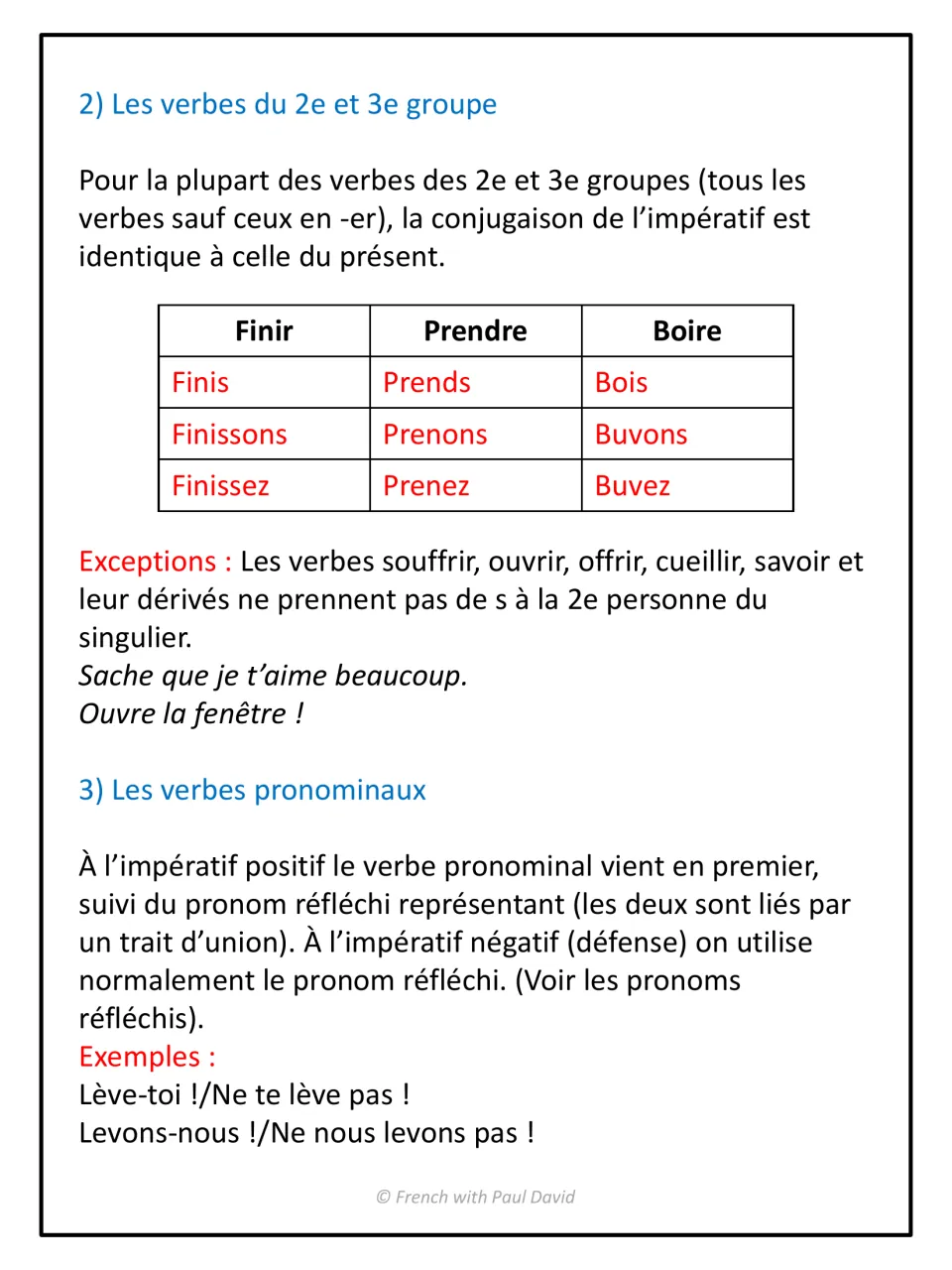 Imperative of 2nd and 3rd group verbs: finir, prendre and boire conjugated, exceptions like ouvre, and reflexive lève-toi