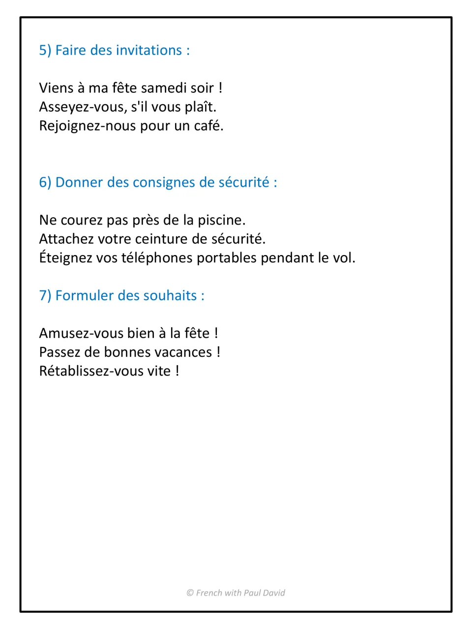 More imperative uses: example sentences for invitations, safety instructions and wishes such as Amusez-vous bien à la fête